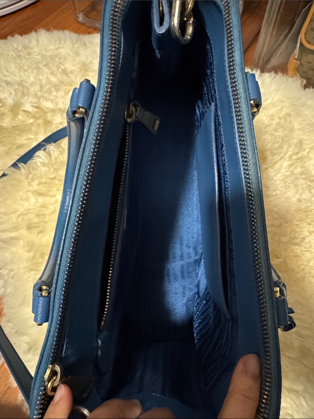 Prada Blue Saffiano Double-Handle Satchel with Crossbody Strap - Picture 10 of 14